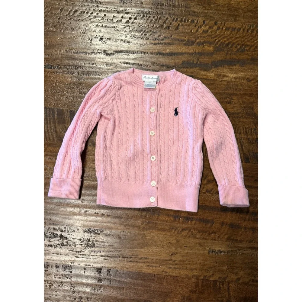 Ralph Lauren Kids Pink Cable Knit Cotton Cardigan Sweater 18M Navy Pony Logo